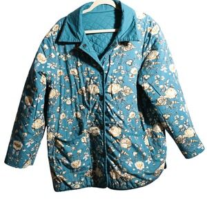 Teal Blue Yellow Quilted Reversible Floral Jacket Womens XXL Boho Jacket Cottage